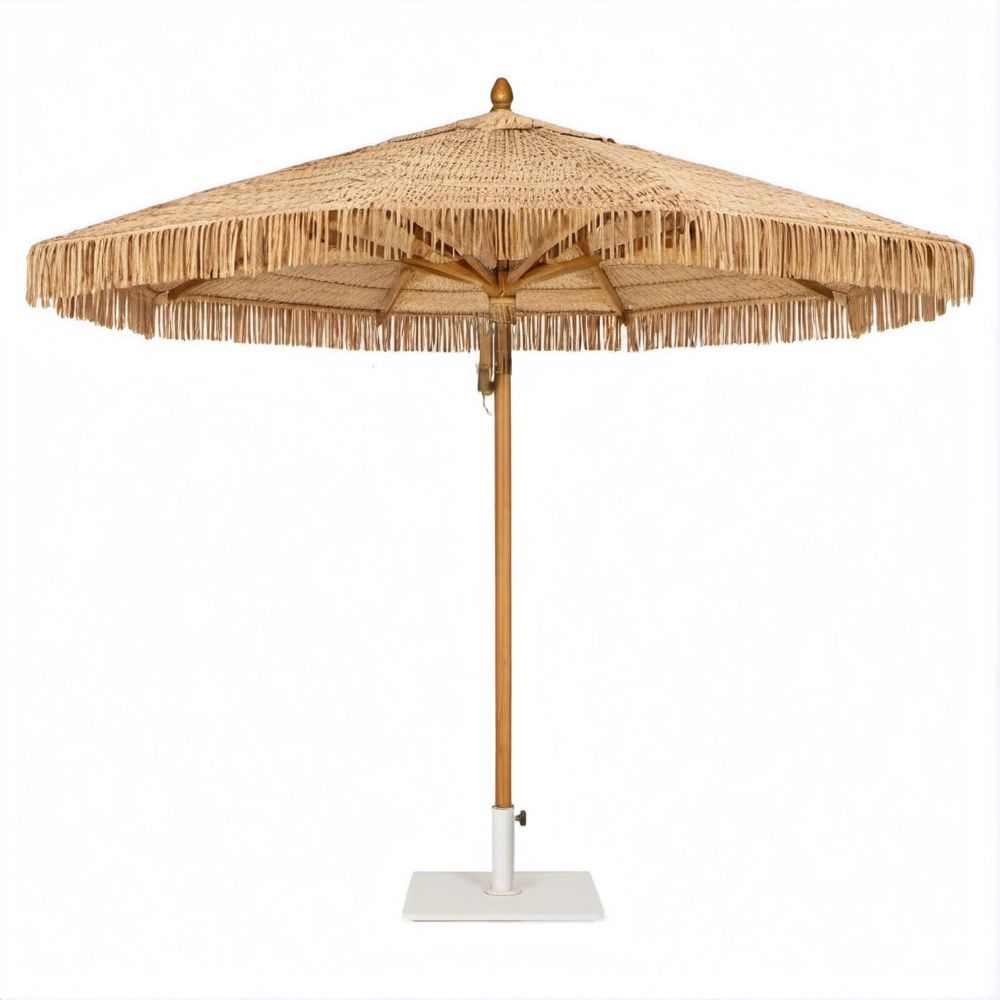 Guarda-sol quadrado em bambu e fibras de palmeira com franjas, 250 x 250 x 250 cm, Bege Natural e Branco