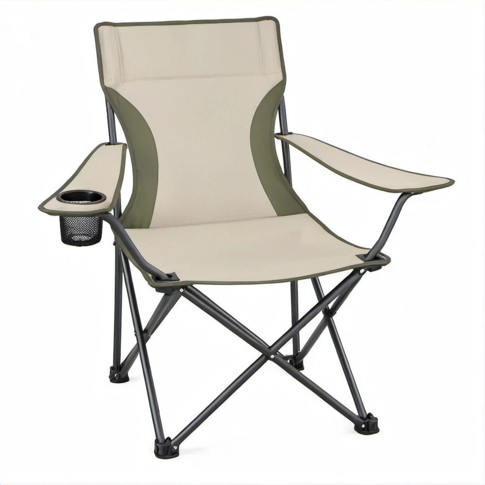 Cadeira Dobrável com Apoios de Braços e Suporte para Copo Bege, Verde e Preta 85 x 53 x 90 cm