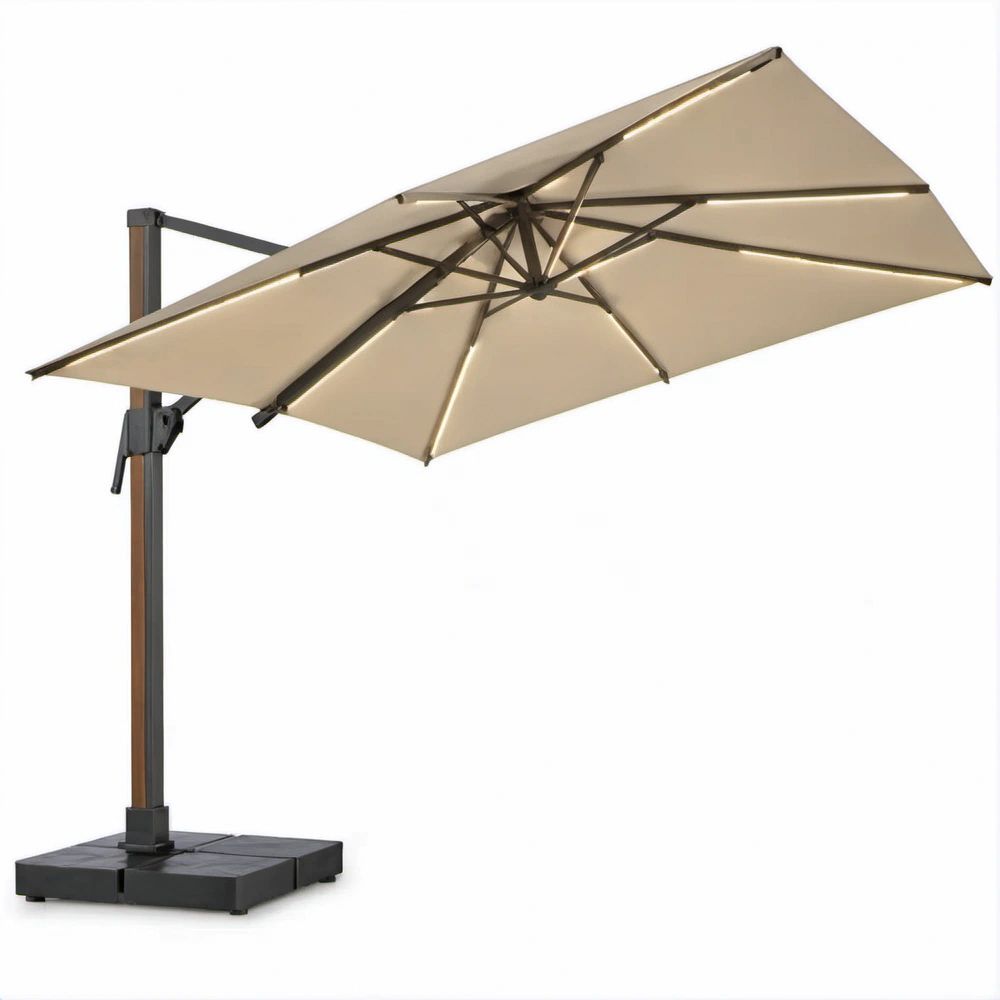 Guarda-sol Suspenso Quadrado Bege e Preto 300 x 300 cm com Iluminação LED