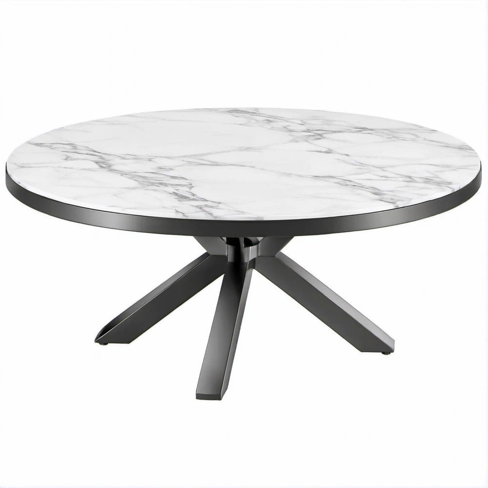 Mesa de Jantar Redonda com Efeito Mármore Branco e Base Preta, Ø 120 x 75 cm