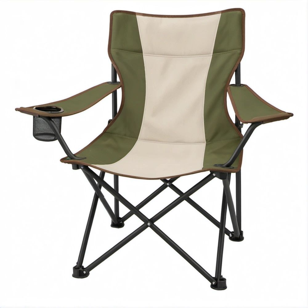 Cadeira de Campismo Dobrável com Encosto Alto, Apoio para Copos e Bolsa Lateral Verde/Bege 60 x 60 x 96 cm