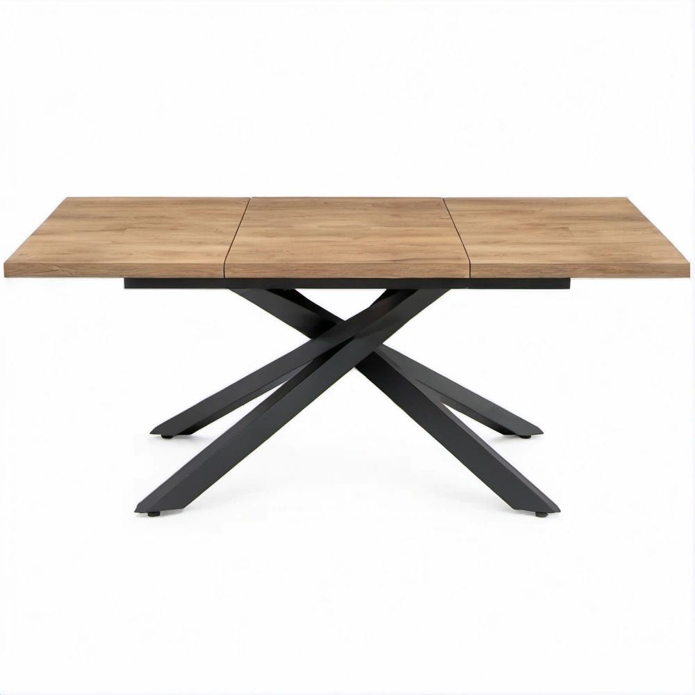 Mesa de jantar extensível retangular em MDF com acabamento de carvalho castanho-claro e aço preto, 180-220 x 90 x 76 cm