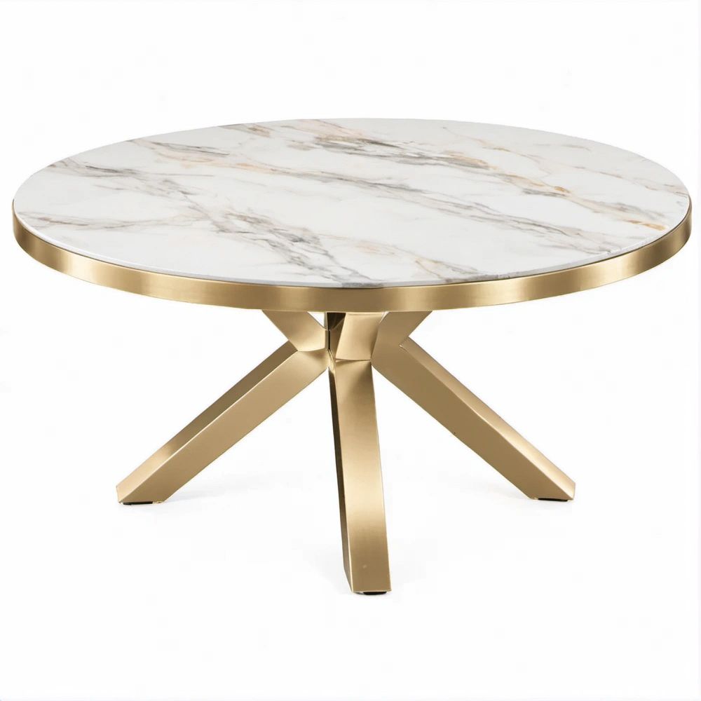 Mesa de Jantar Redonda em Pedra Sinterizada Branca e Aço Inoxidável Dourado Ø120 x 75 cm