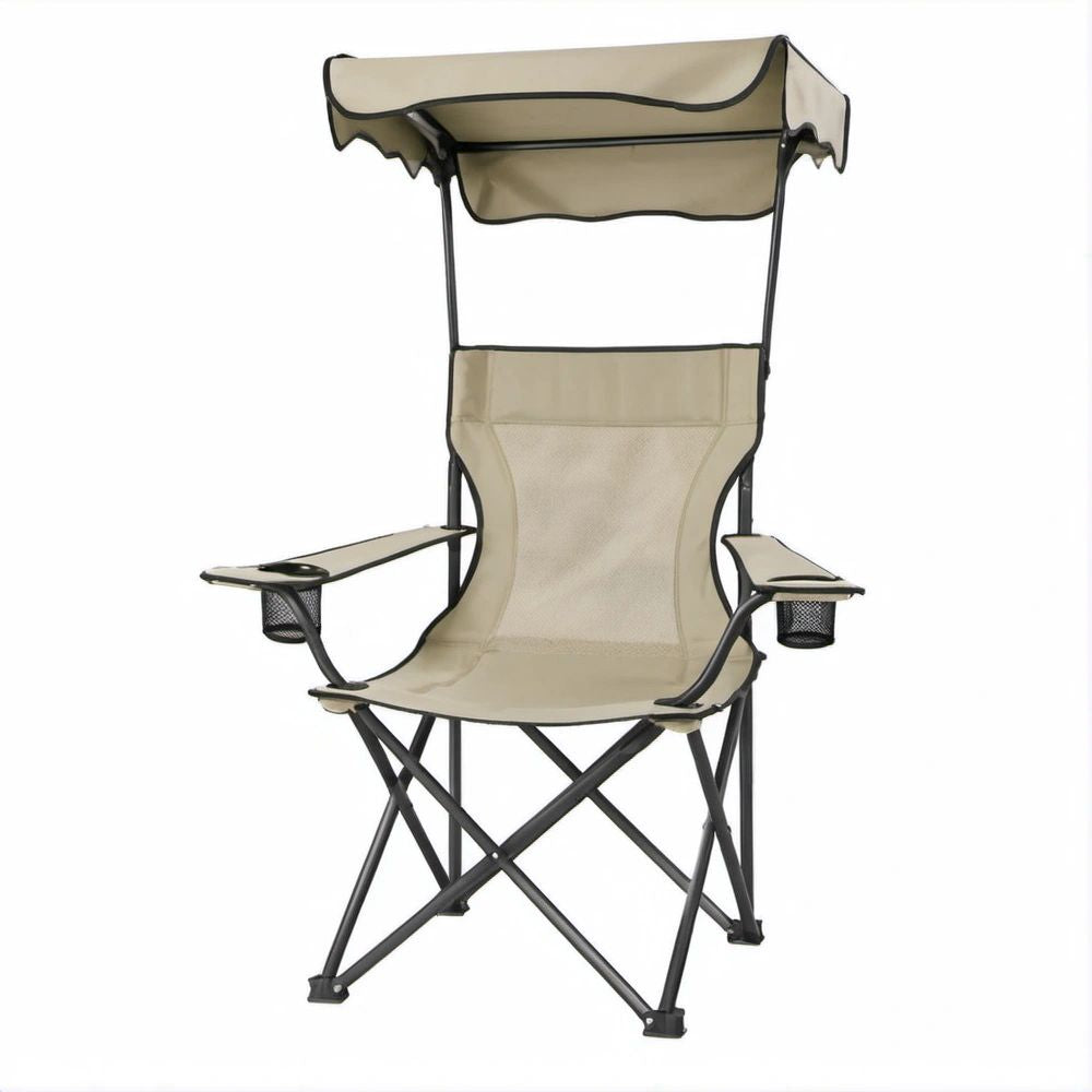 Cadeira Dobrável de Campismo com Toldo Bege/Preto, 92 x 60 x 145 cm