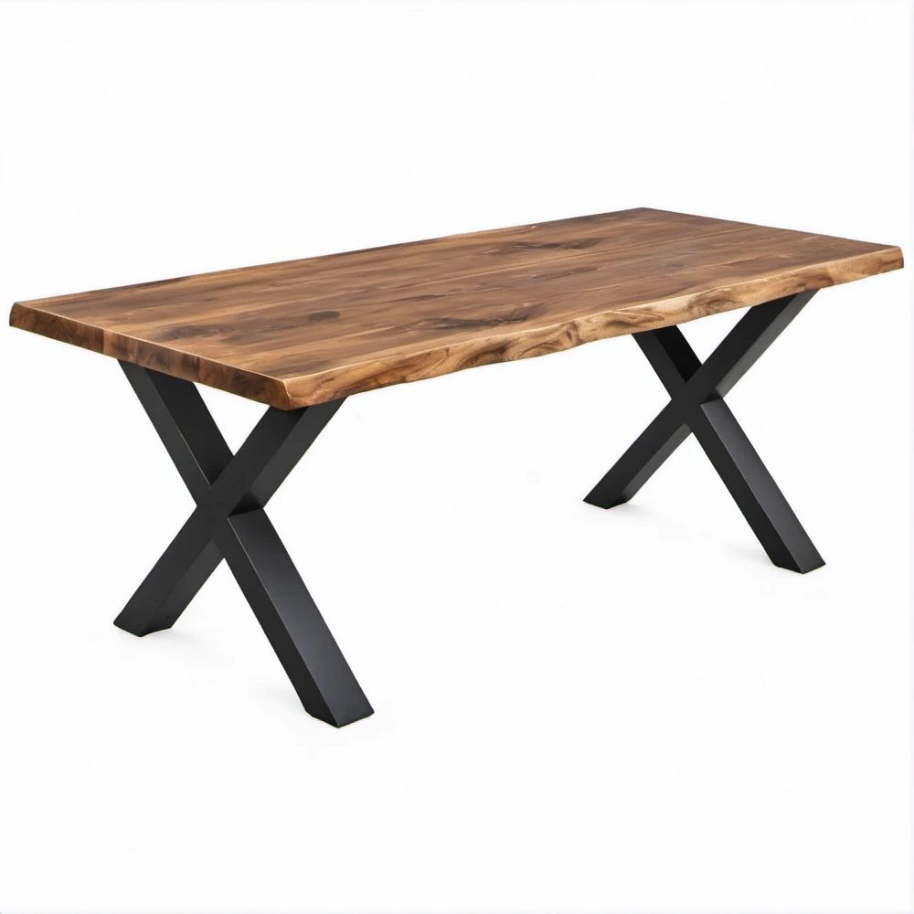 Mesa de Jantar Retangular em Madeira Maciça de Acácia Castanha com Pés em X Pretos 160 x 80 x 75 cm