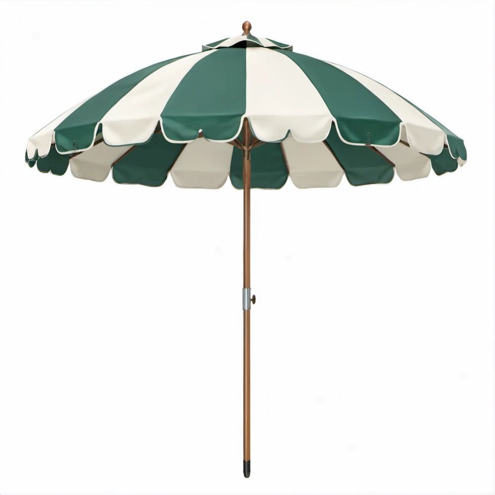 Guarda-sol Redondo Verde e Creme em Poliéster com Haste de Madeira Ø 200 x 235 cm
