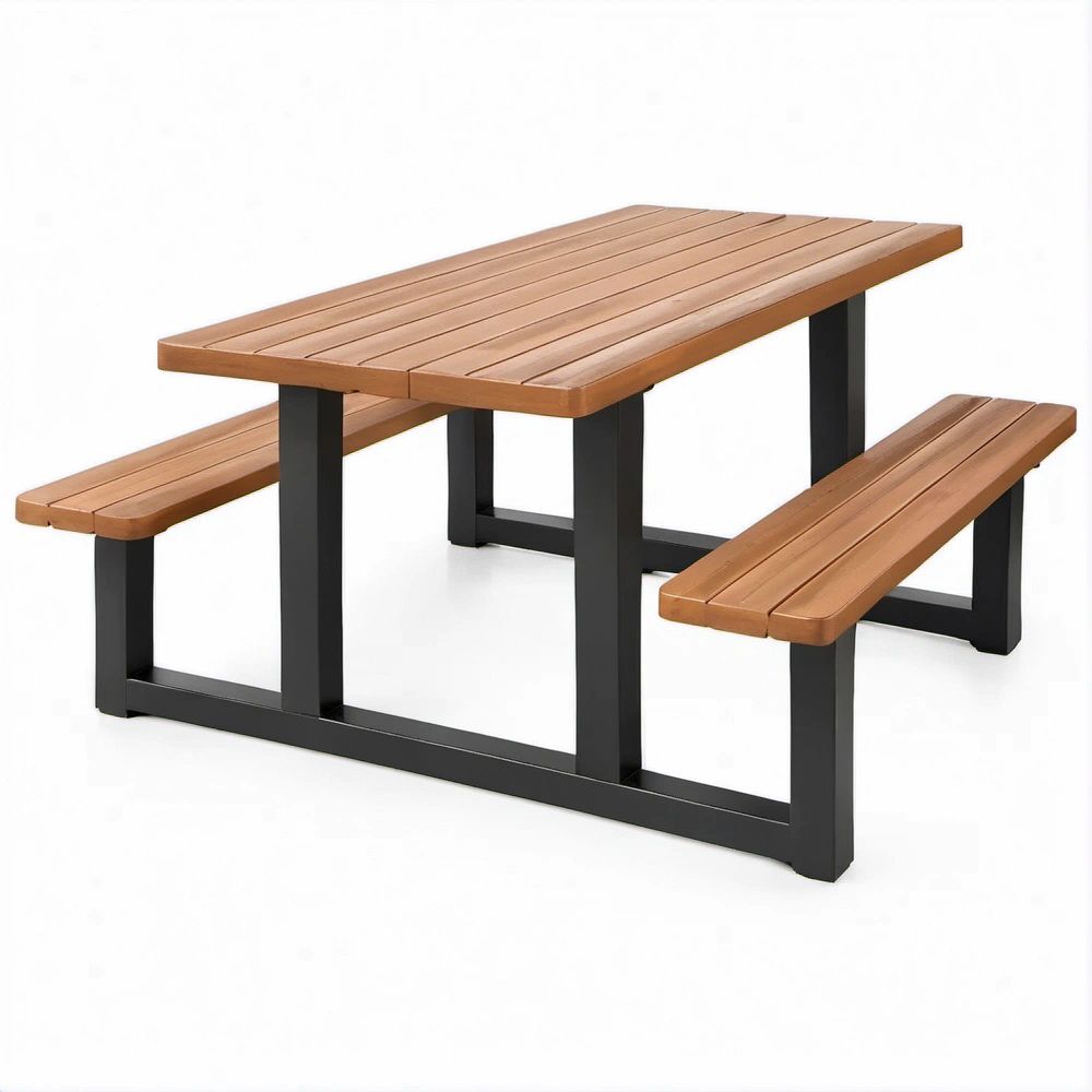 Conjunto de Mesa Retangular com 2 Bancos em Madeira Maciça de Acácia e Aço Castanho e Preto, 180 x 75 x 75 cm