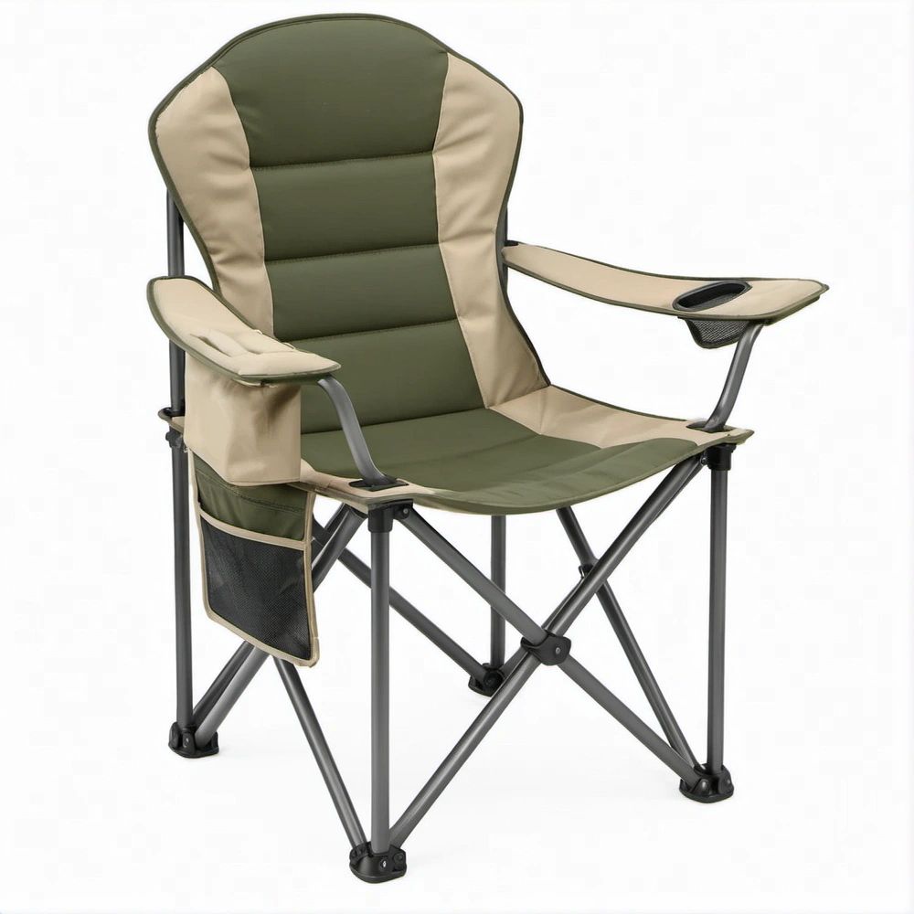 Cadeira Dobrável de Campismo com Encosto Alto, Porta-copos e Bolsa Lateral Verde, Bege e Preta 60 x 60 x 105 cm