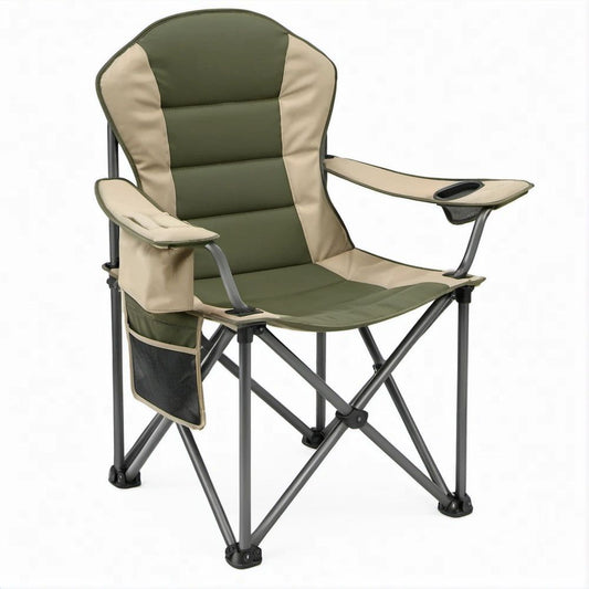 Cadeira Dobrável de Campismo com Encosto Alto, Porta-copos e Bolsa Lateral Verde, Bege e Preta 60 x 60 x 105 cm