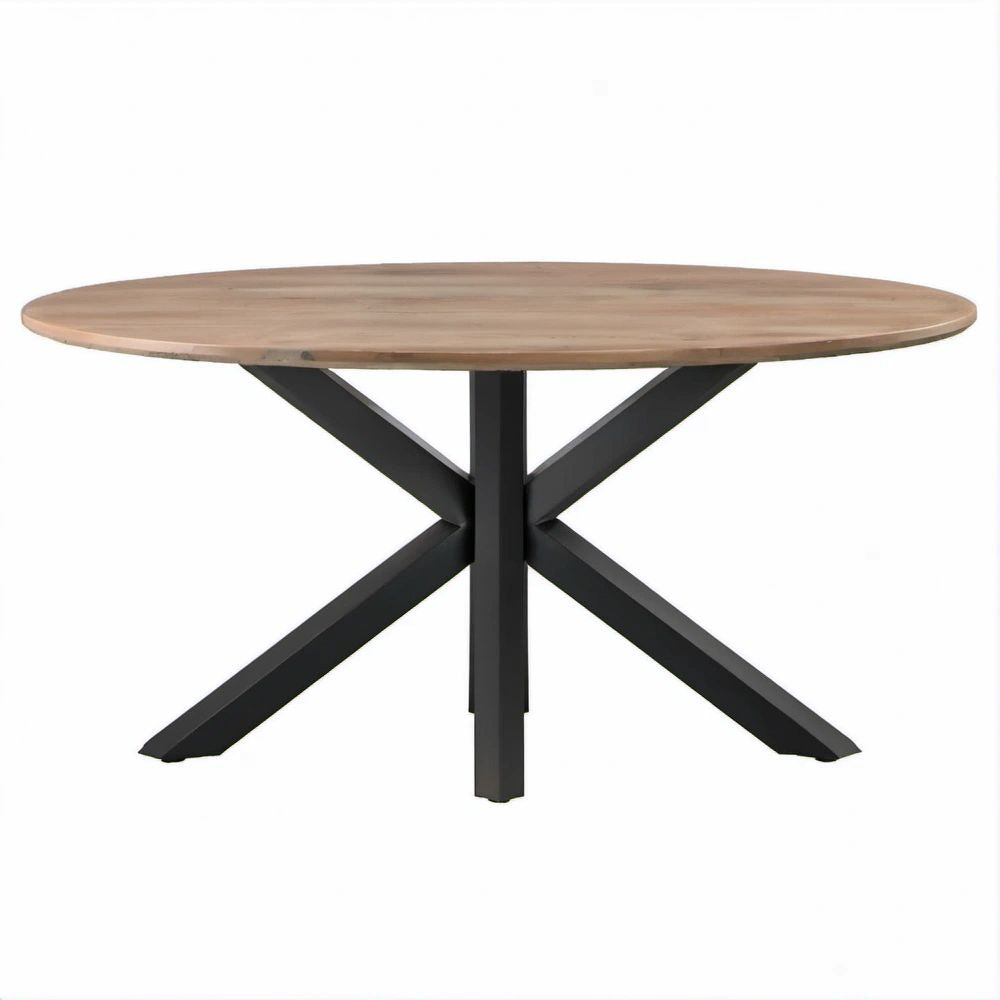 Mesa de Jantar Redonda em Madeira Maciça de Acácia Castanha e Aço Preto, Ø 120 x 75 cm