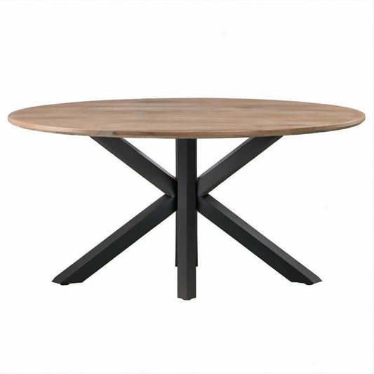 Mesa de Jantar Redonda em Madeira Maciça de Acácia Castanha e Aço Preto, Ø 120 x 75 cm