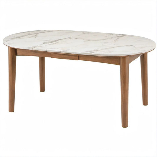 Mesa de Jantar Extensível Oval Branca Efeito Mármore com Pernas em Madeira Natural, 120/160 x 120 x 75 cm