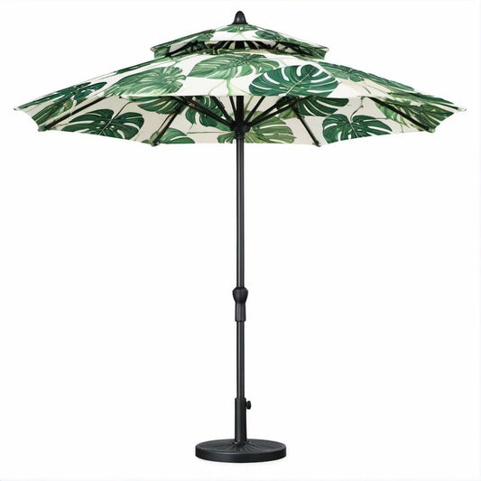 Guarda-sol Redondo Tropical Verde e Branco Ø250 x 240 cm com Base
