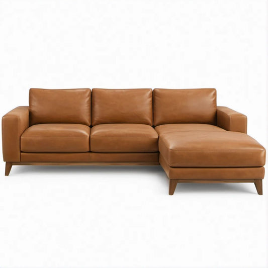 Sofá de canto com chaise longue à direita em PU Castanho Conhaque, 250 x 160 x 85 cm