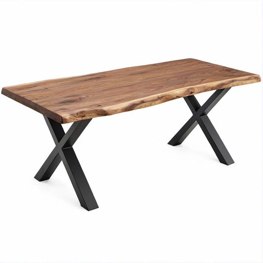 Mesa de Jantar Retangular em Madeira Maciça de Acácia e Aço, Castanho Natural e Preto, 200 x 100 x 75 cm