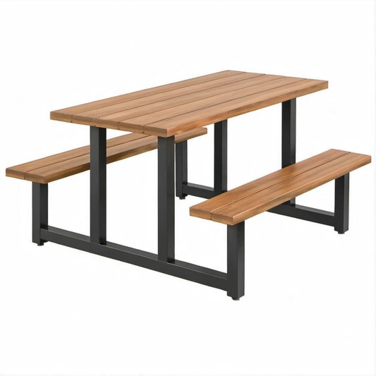 Mesa retangular com 2 bancos em madeira maciça de acácia e aço, castanho e preto, 180 x 70 x 75 cm