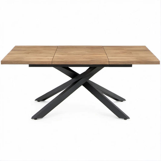 Mesa de jantar extensível retangular em MDF com acabamento de carvalho castanho-claro e aço preto, 180-220 x 90 x 76 cm