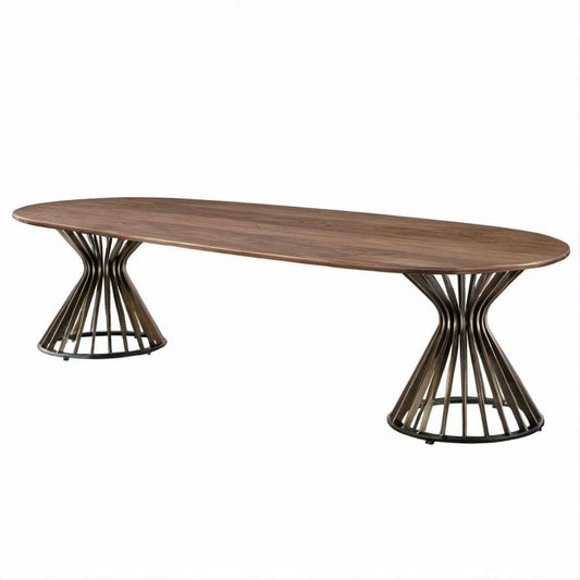 Mesa de Jantar Oval em MDF e Aço, Nogueira Castanha e Preto, 200 x 100 x 75 cm