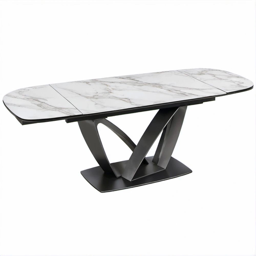 Mesa Extensível Oval com Tampo em Vidro Efeito Mármore Branco e Base Preta, 160-200 x 90 x 76 cm