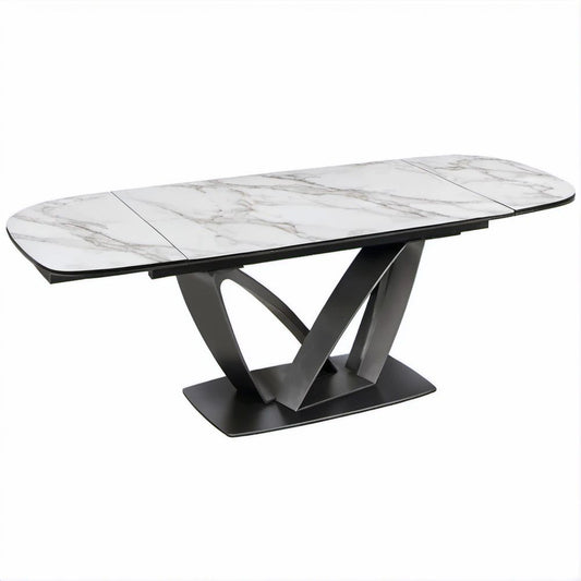Mesa Extensível Oval com Tampo em Vidro Efeito Mármore Branco e Base Preta, 160-200 x 90 x 76 cm