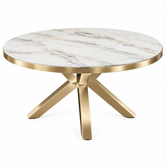 Mesa de Jantar Redonda em Pedra Sinterizada Branca e Aço Inoxidável Dourado Ø120 x 75 cm