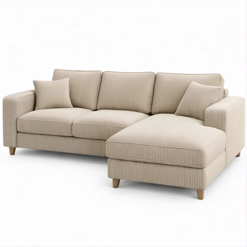 Sofá com Chaise Longue à Direita em Veludo Cotelê Bege, 230 x 150 x 88 cm
