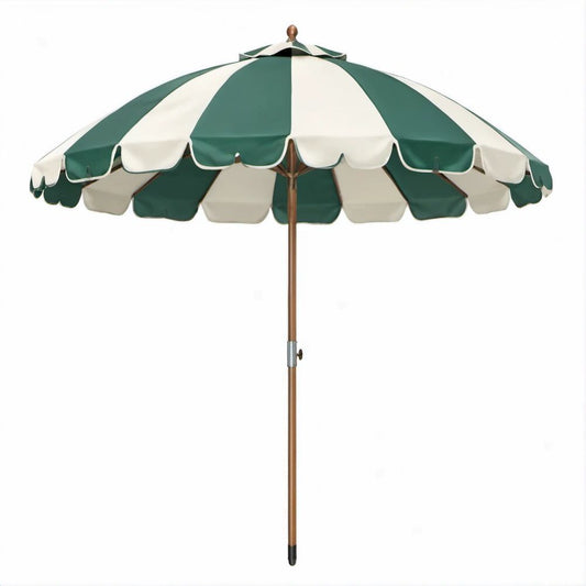 Guarda-sol Redondo Verde e Creme em Poliéster com Haste de Madeira Ø 200 x 235 cm